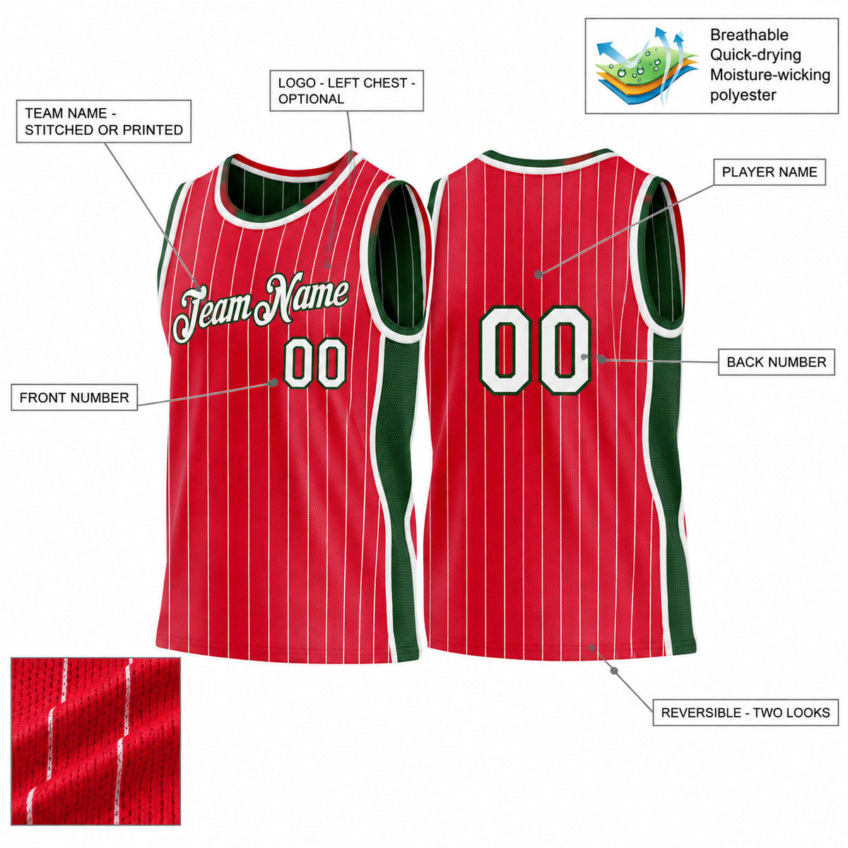 Custom Red and White Side Panels Pinstripe Reversible Basketball Jersey Set with Green Lettering customization guide