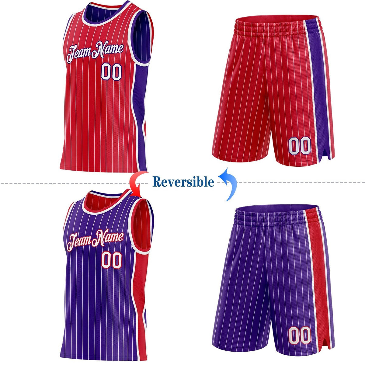 Custom Red White Pinstripe-Purple Side Panels Reversible Double Side Sublimation Basketball Set Jersey photo 2
