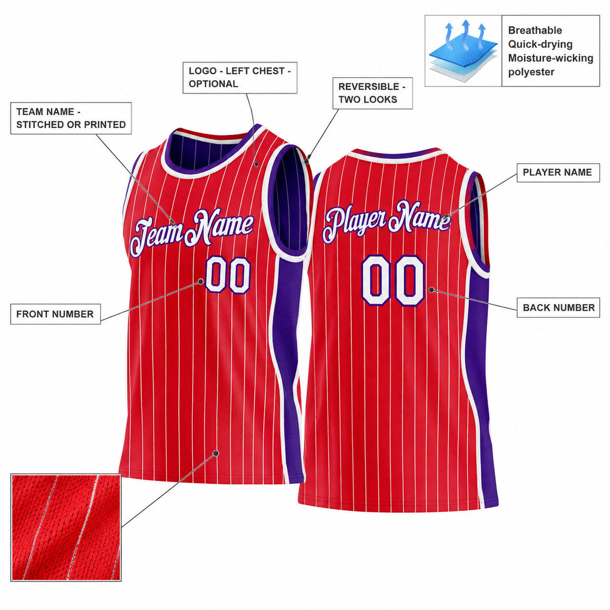 Custom Red and White Side Panels Pinstripe Reversible Basketball Jersey Set with Purple Lettering customization guide