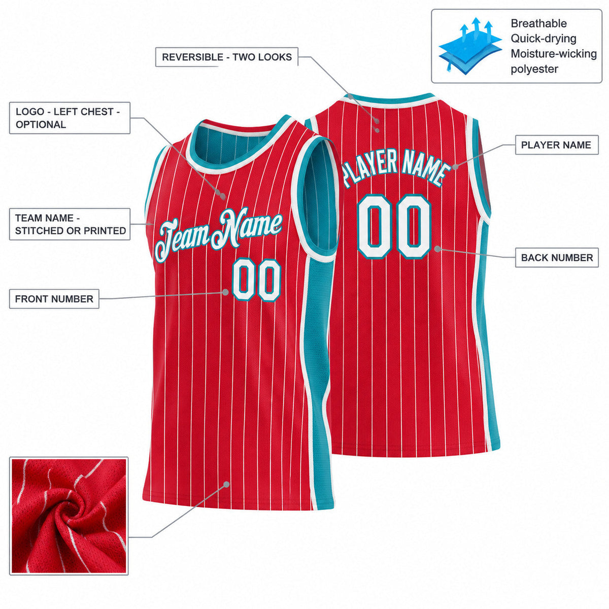 Custom Red and White Side Panels Pinstripe Reversible Basketball Jersey Set with Teal Lettering customization guide