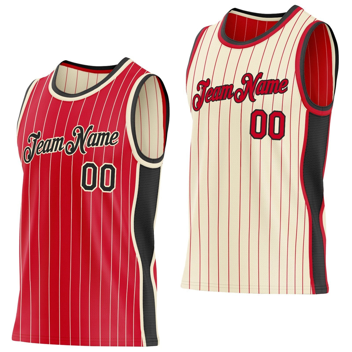 Custom Red Cream Pinstripe-Black Side Panels Reversible Double Side Sublimation Basketball Set Jersey