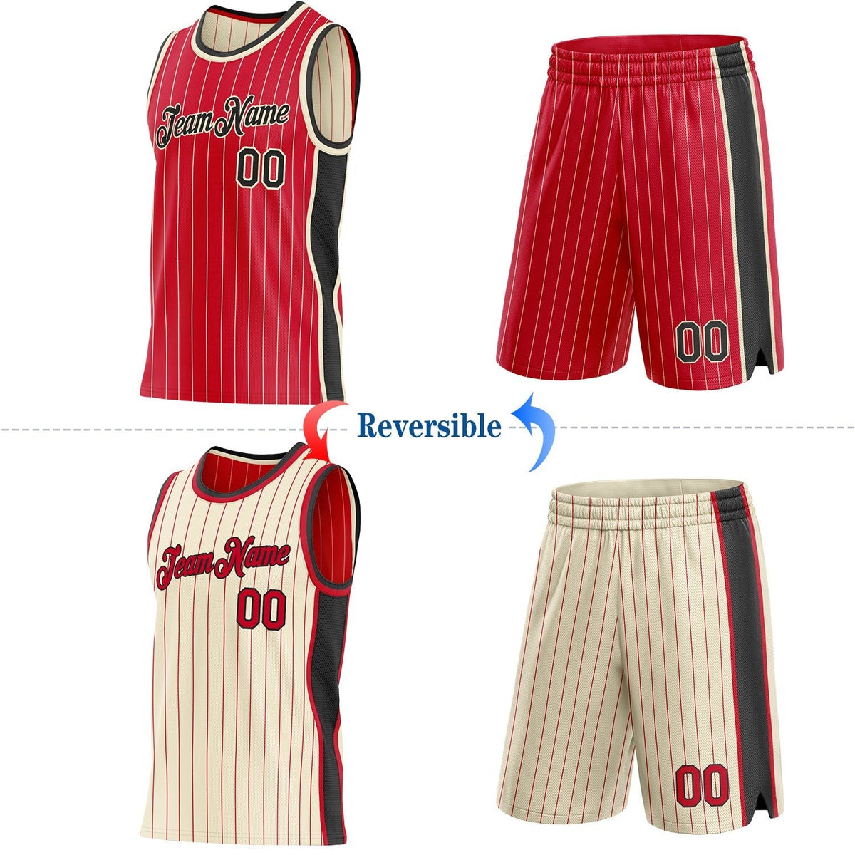 Custom Red Cream Pinstripe-Black Side Panels Reversible Double Side Sublimation Basketball Set Jersey photo 2