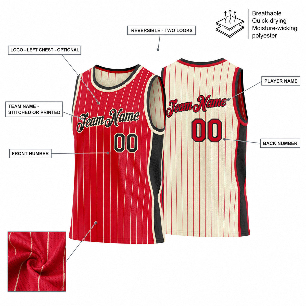 Custom Red and Cream Side Panels Pinstripe Reversible Basketball Jersey Set with Black Lettering customization guide
