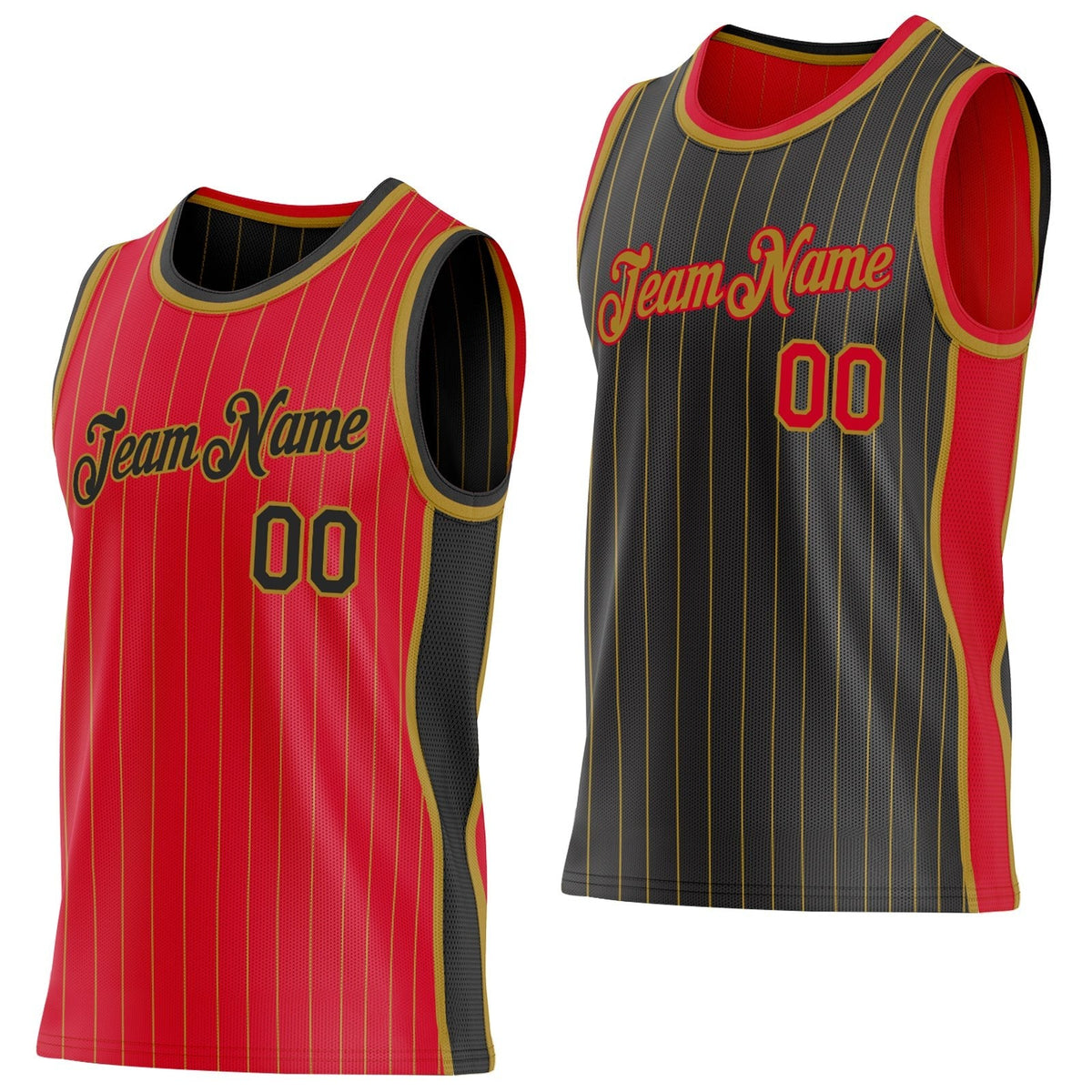Custom Red Old Gold Pinstripe-Black Side Panels Reversible Double Side Sublimation Basketball Set Jersey