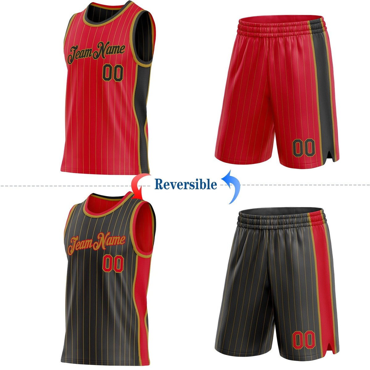 Custom Red Old Gold Pinstripe-Black Side Panels Reversible Double Side Sublimation Basketball Set Jersey photo 2