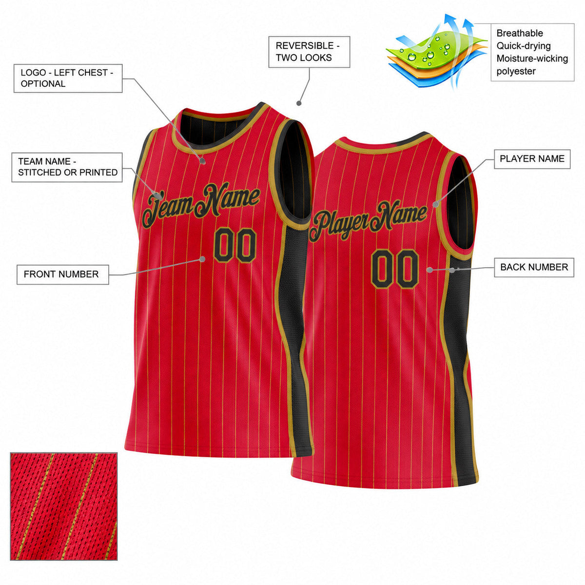 Custom Red and Old Gold Side Panels Pinstripe Reversible Basketball Jersey Set with Black Lettering customization guide