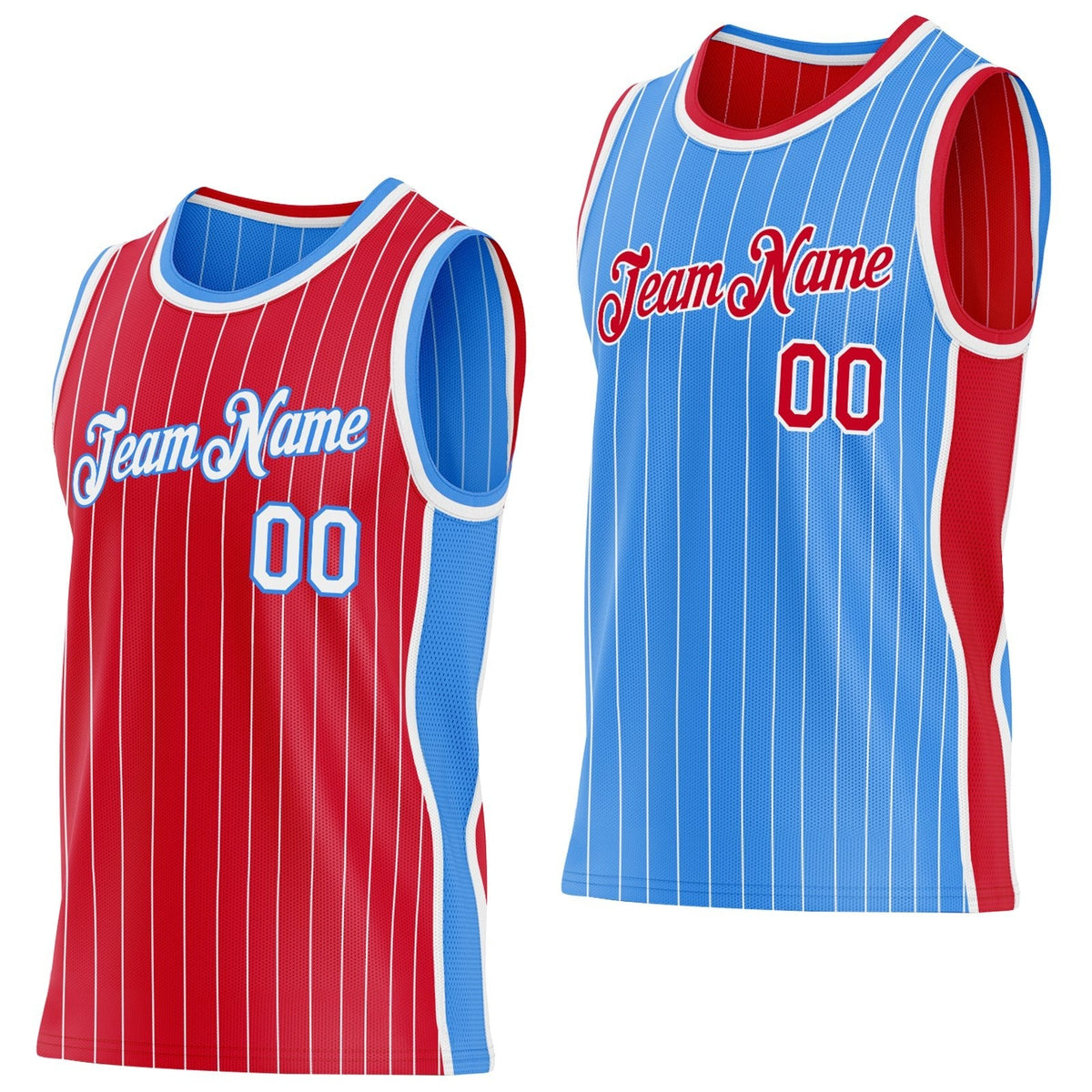 Custom Red White Pinstripe-Powder Blue Side Panels Reversible Double Side Sublimation Basketball Set Jersey
