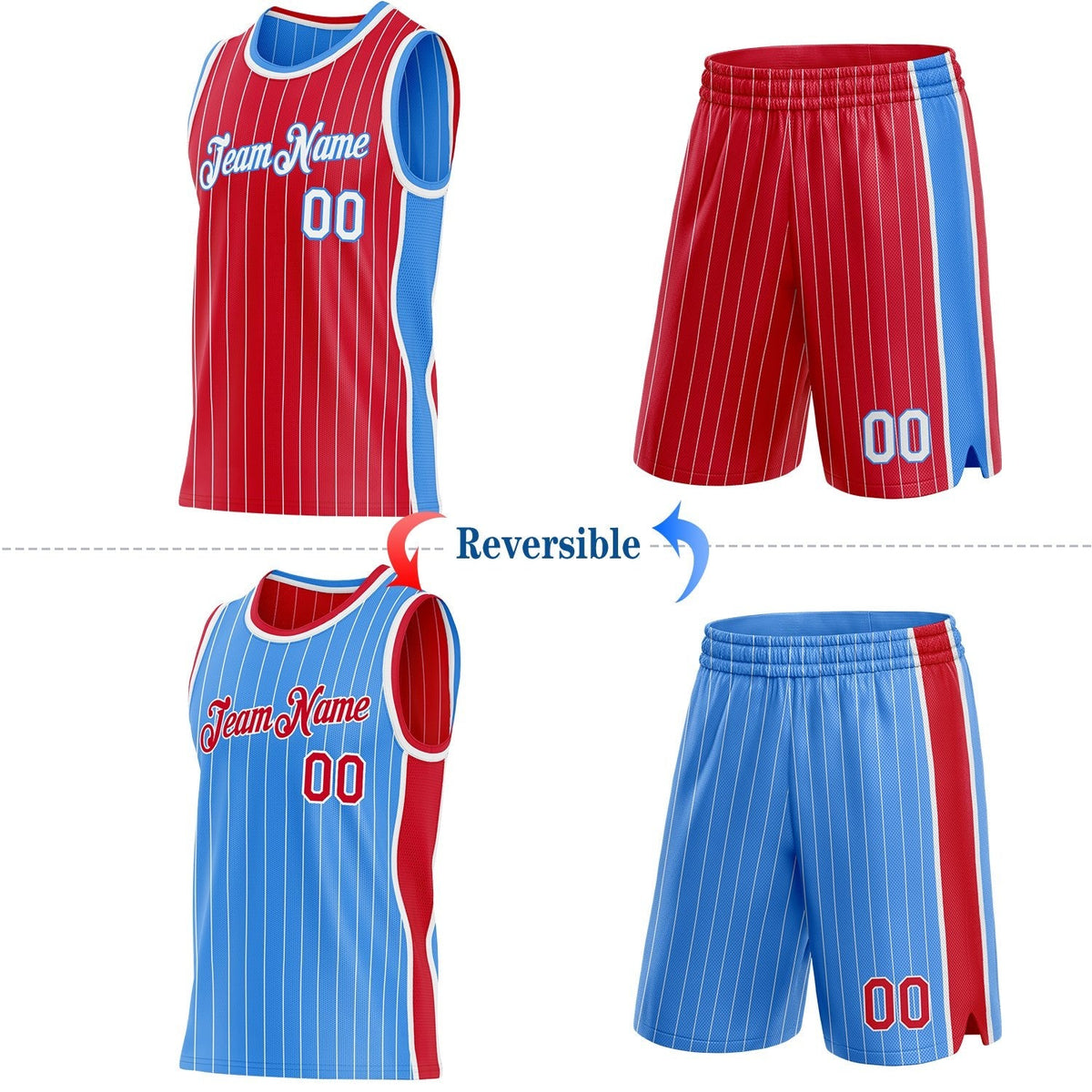 Custom Red White Pinstripe-Powder Blue Side Panels Reversible Double Side Sublimation Basketball Set Jersey photo 2