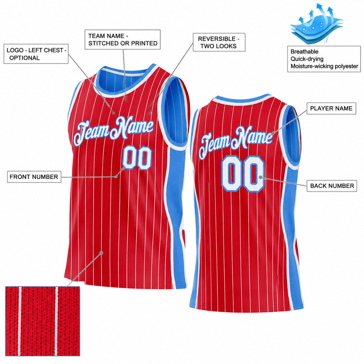 Custom Red and White Side Panels Basketball Jersey Set with Powder Blue Lettering customization guide