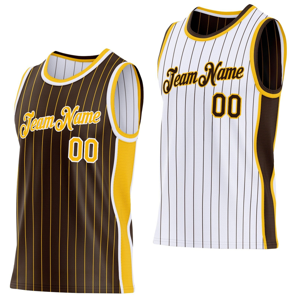 Custom Brown Gold Pinstripe-White Side Panels Reversible Double Side Sublimation Basketball Set Jersey