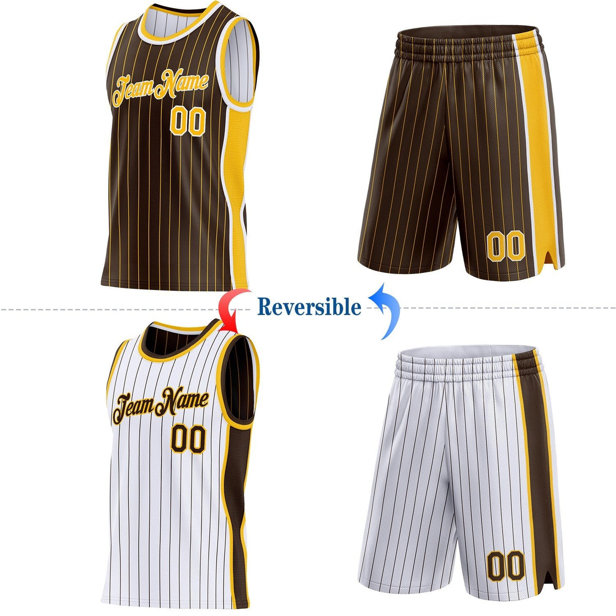 Custom Brown Gold Pinstripe-White Side Panels Reversible Double Side Sublimation Basketball Set Jersey photo 2