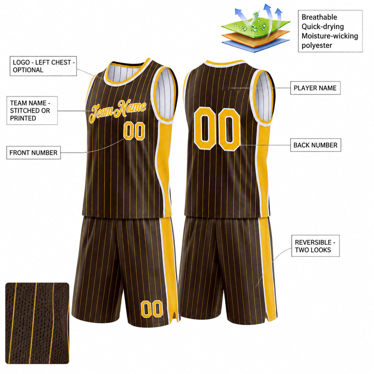 Custom Brown and Gold Side Panels Pinstripe Reversible Basketball Jersey Set with White Lettering Design 1039 customization guide