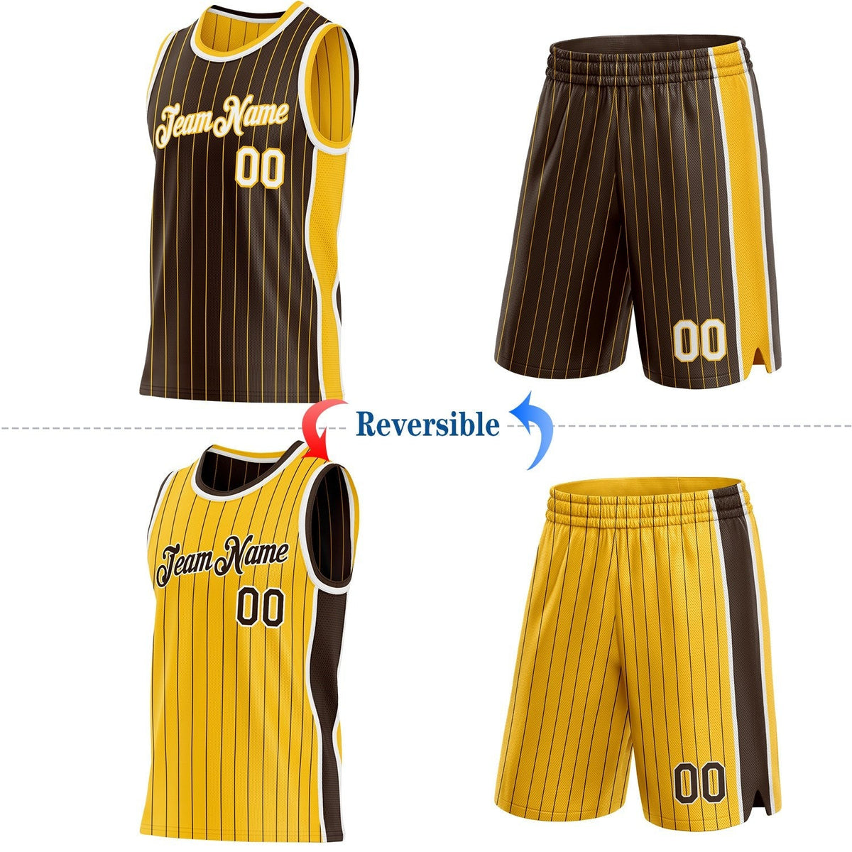 Custom Brown Gold Pinstripe-White Side Panels Reversible Double Side Sublimation Basketball Set Jersey photo 2