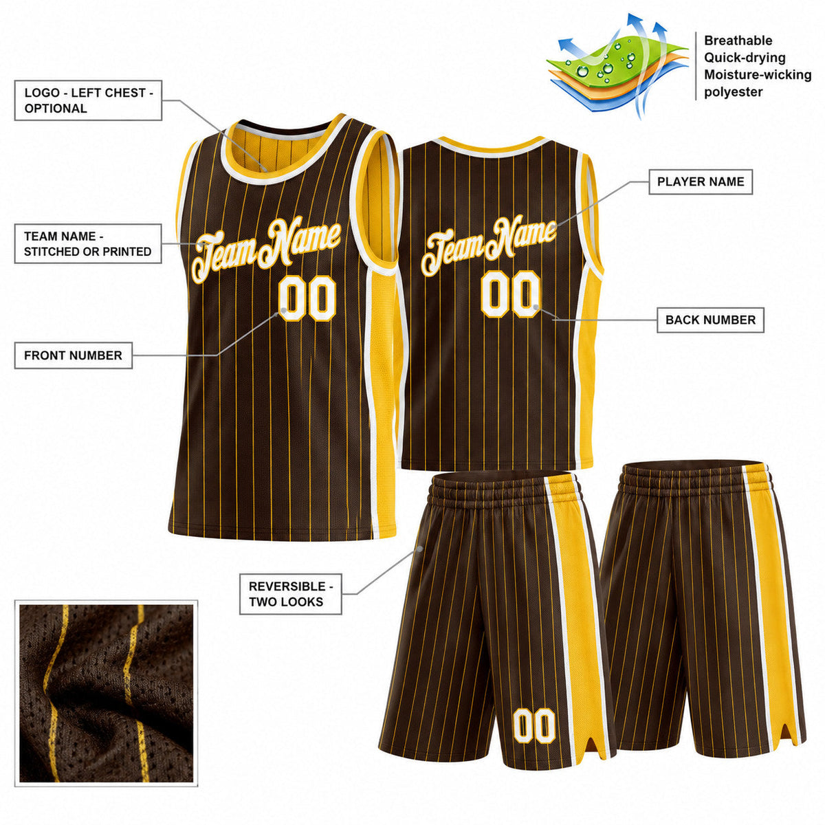 Custom Brown and Gold Side Panels Pinstripe Reversible Basketball Jersey Set with White Lettering Design 1040 customization guide