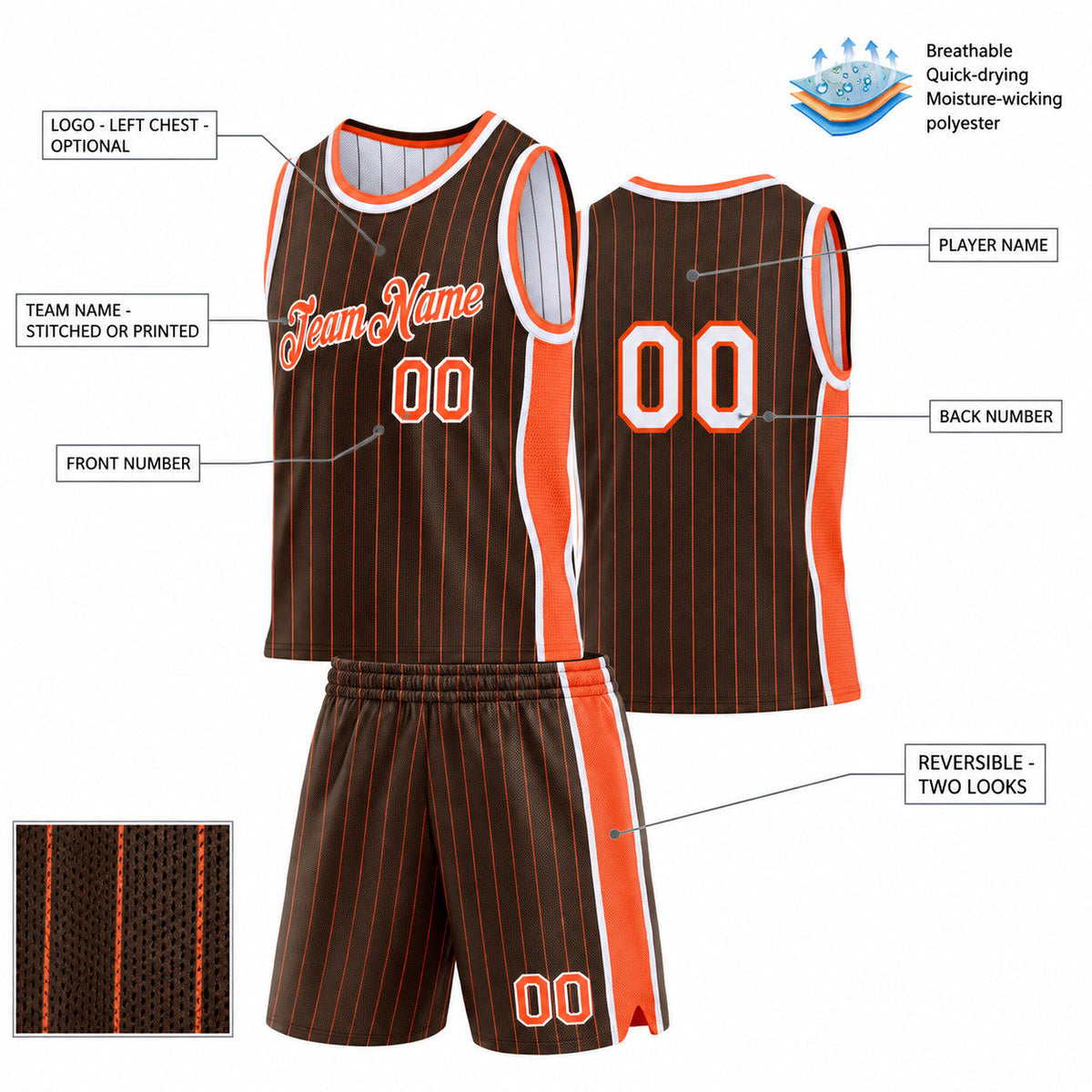 Custom Brown and Orange Side Panels Pinstripe Reversible Basketball Jersey Set with White Lettering customization guide