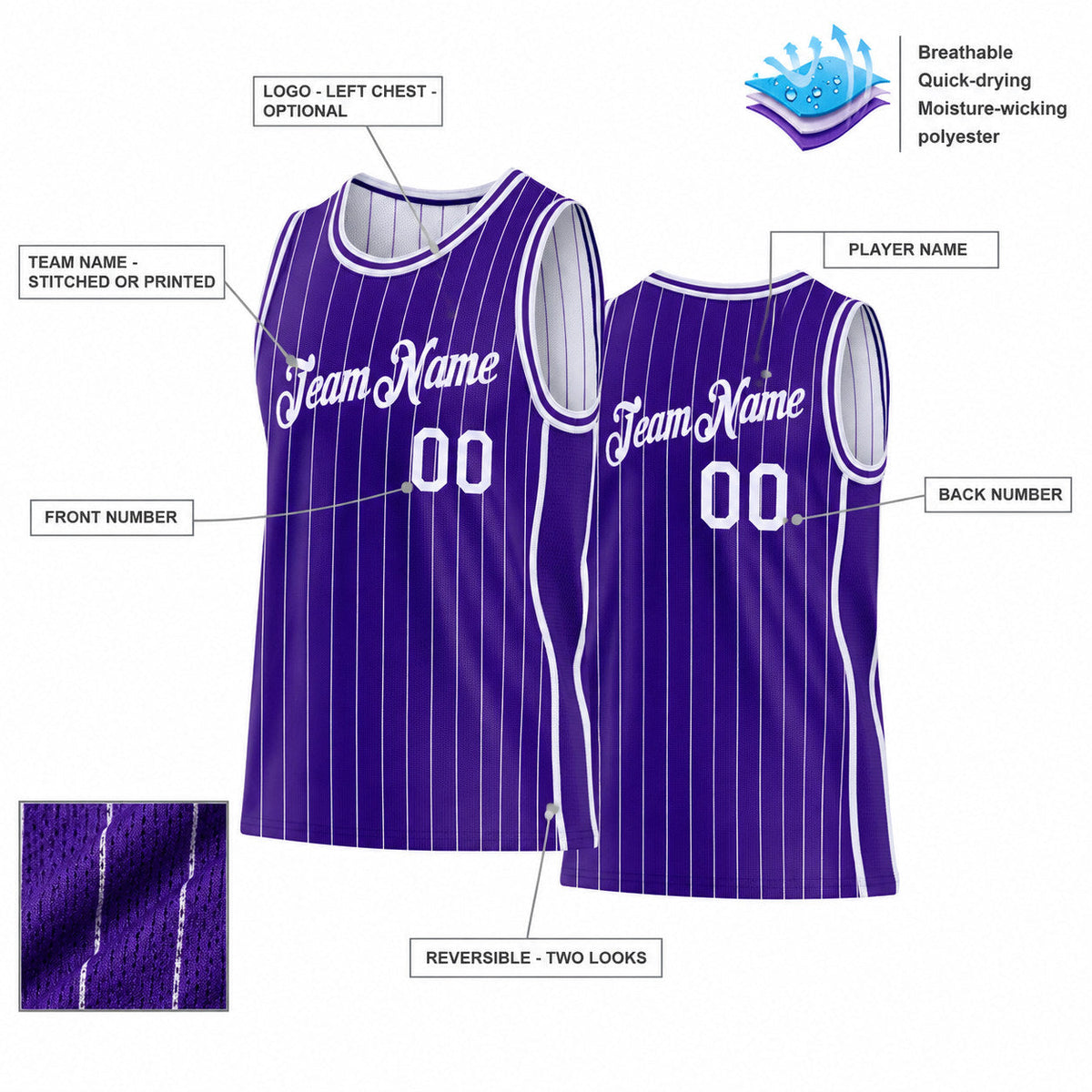 Custom Purple Side Panels Pinstripe Reversible Basketball Jersey Set with White Lettering customization guide