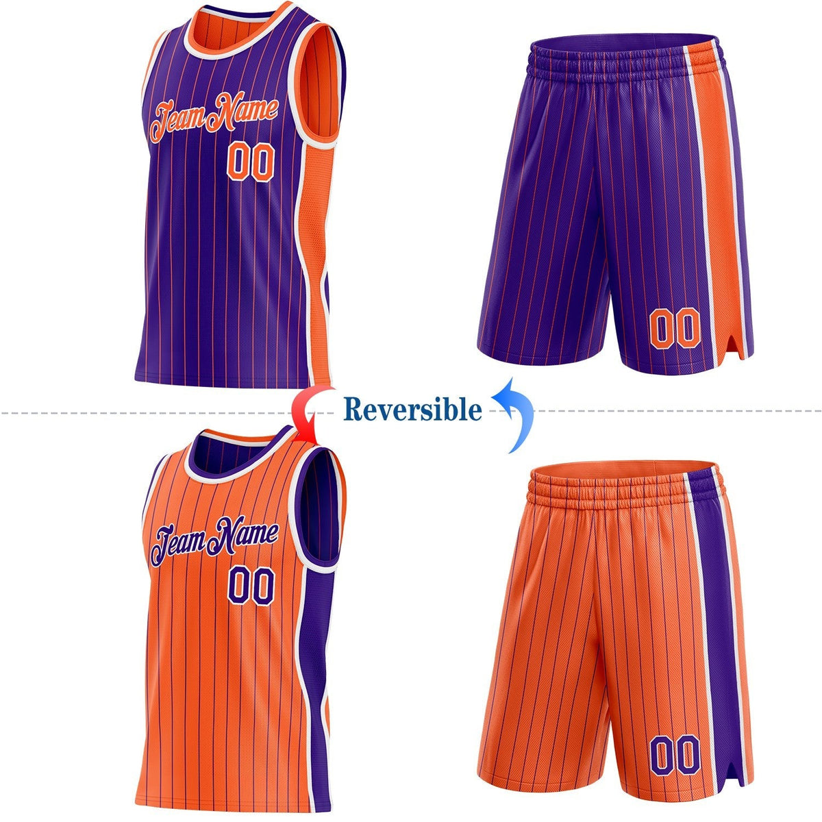 Custom Purple Orange Pinstripe-White Side Panels Reversible Double Side Sublimation Basketball Set Jersey photo 2