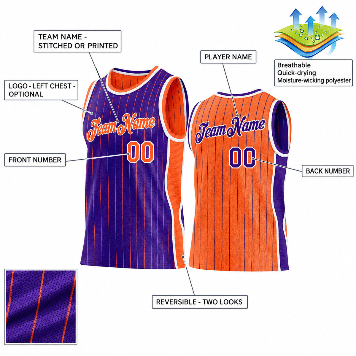 Custom Purple and Orange Side Panels Pinstripe Reversible Basketball Jersey Set with White Lettering Design 1043 customization guide