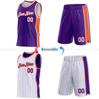 Custom Purple Orange Pinstripe-White Side Panels Reversible Double Side Sublimation Basketball Set Jersey photo 2