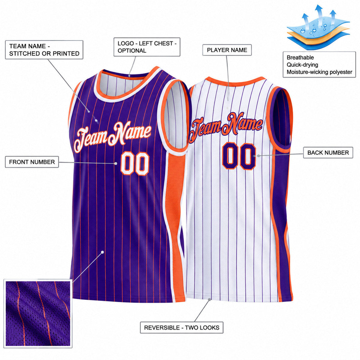 Custom Purple and Orange Side Panels Pinstripe Reversible Basketball Jersey Set with White Lettering Design 1044 customization guide