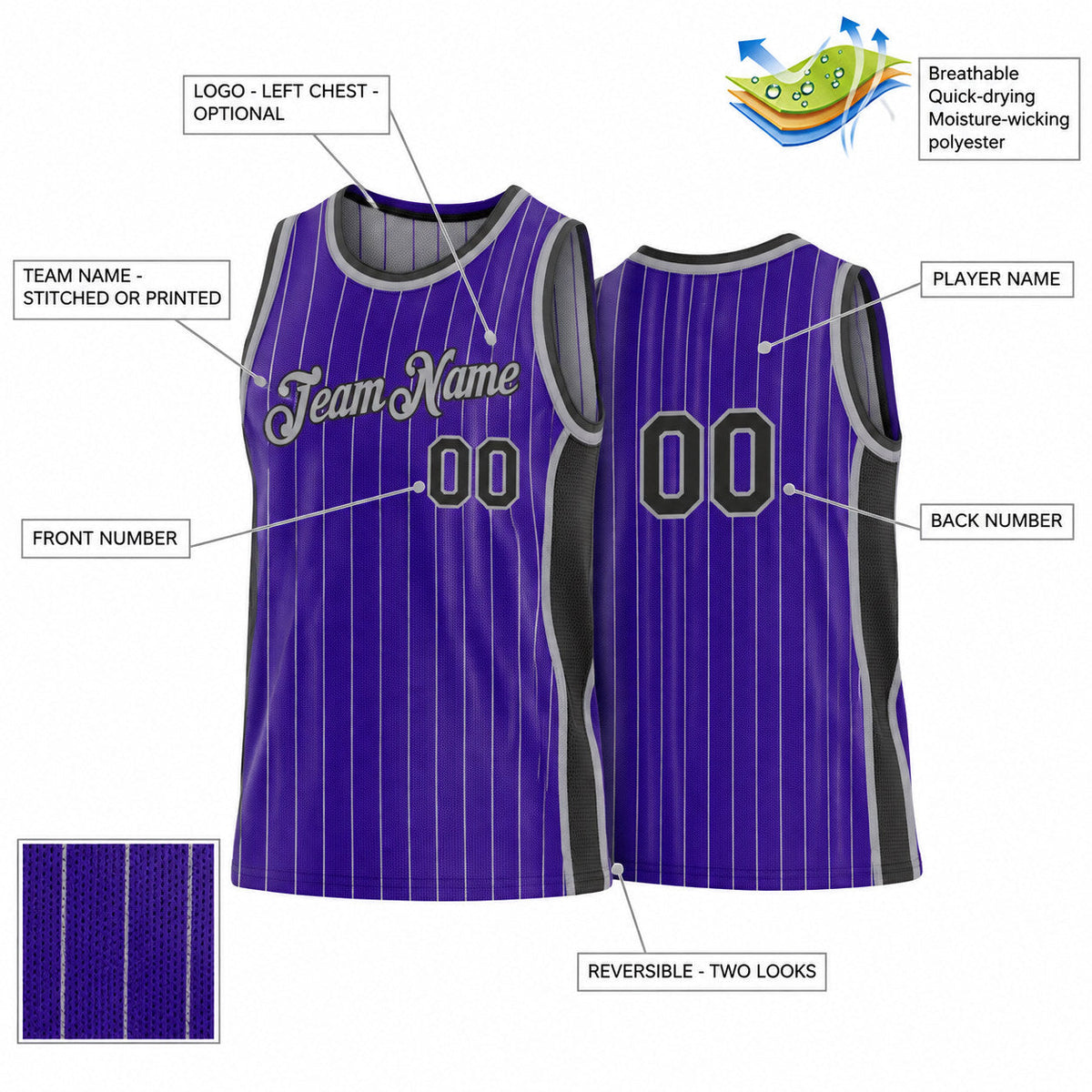 Custom Purple and Gray Side Panels Pinstripe Reversible Basketball Jersey Set with Black Lettering customization guide