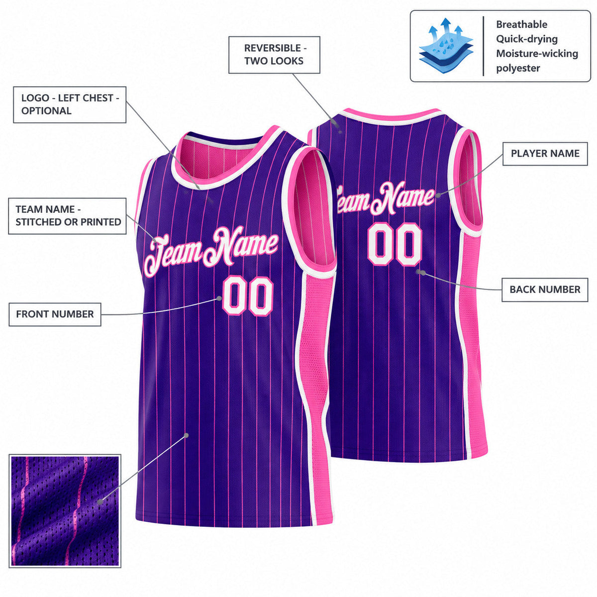 Custom Purple and Pink Side Panels Pinstripe Reversible Basketball Jersey Set with White Lettering customization guide