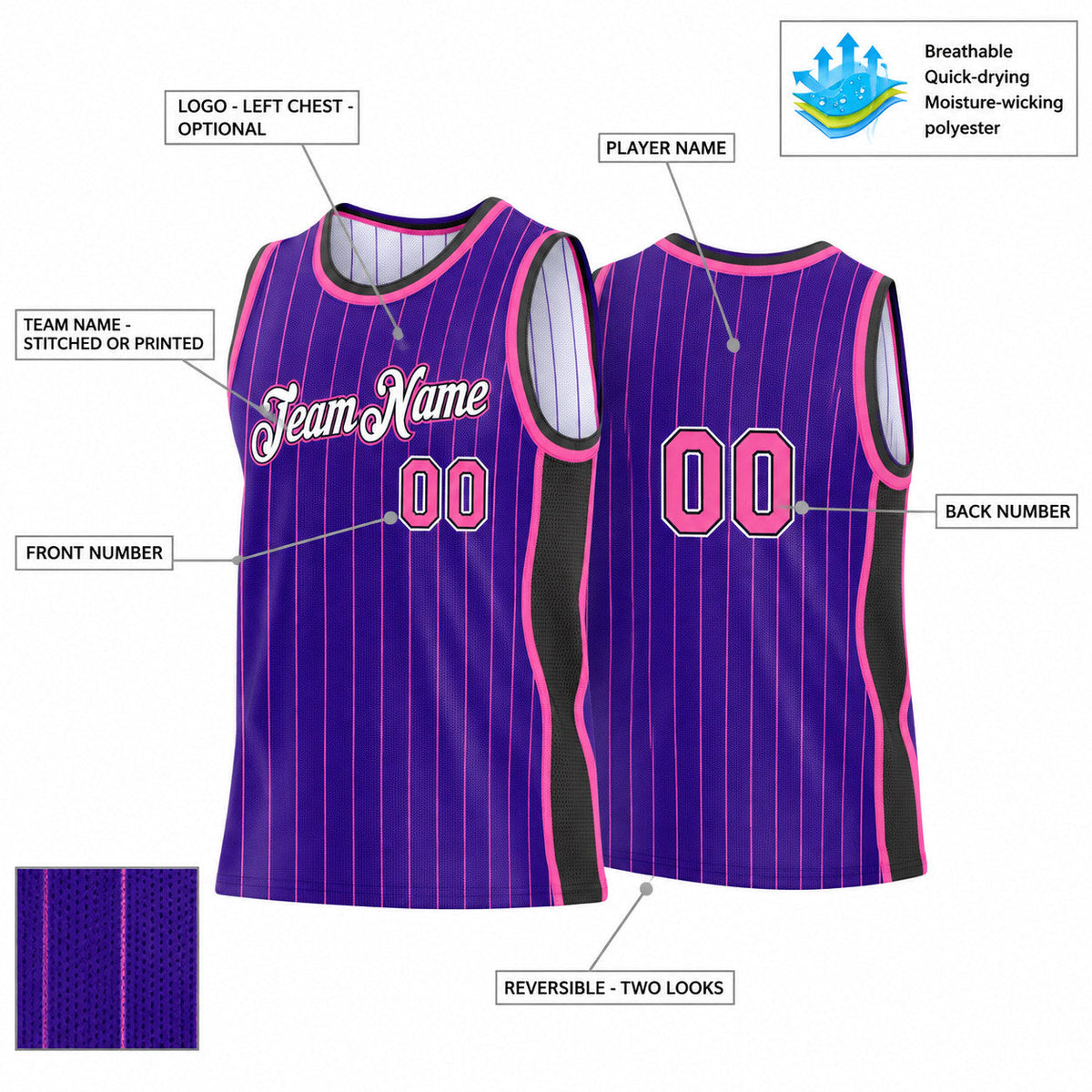 Custom Purple and Pink Side Panels Basketball Jersey Set with Black and White Lettering customization guide