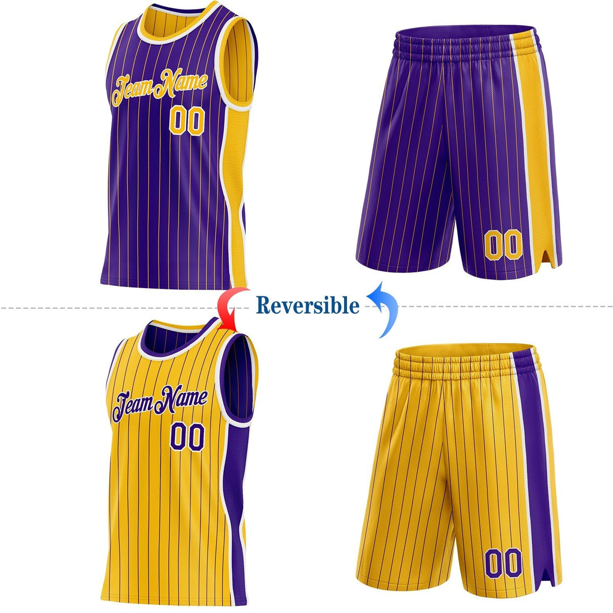 Custom Purple Gold Pinstripe-White Side Panels Reversible Double Side Sublimation Basketball Set Jersey photo 2