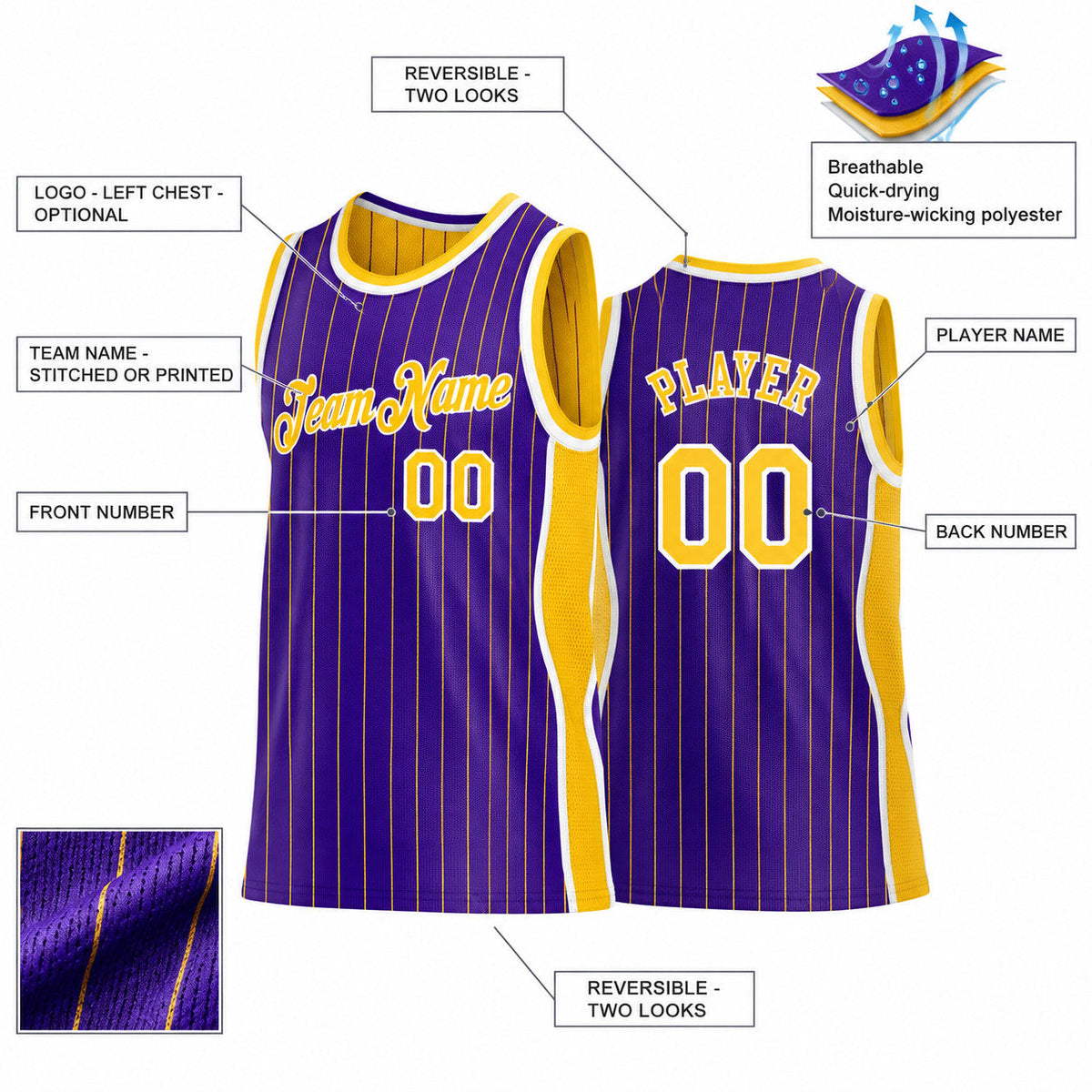 Custom Purple and Gold Side Panels Pinstripe Reversible Basketball Jersey Set with White Lettering Design 1048 customization guide