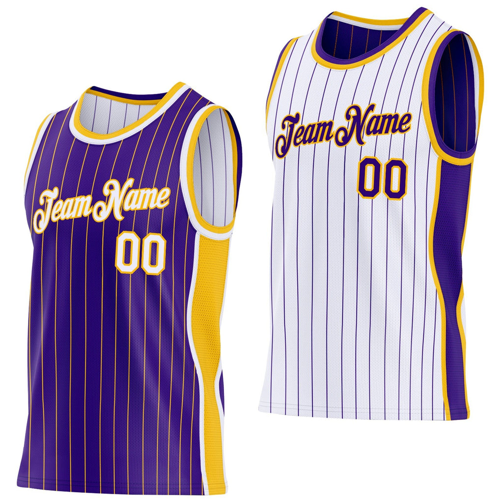 Custom Purple Gold Pinstripe-White Side Panels Reversible Double Side Sublimation Basketball Set Jersey