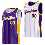 Custom Purple Gold Pinstripe-White Side Panels Reversible Double Side Sublimation Basketball Set Jersey