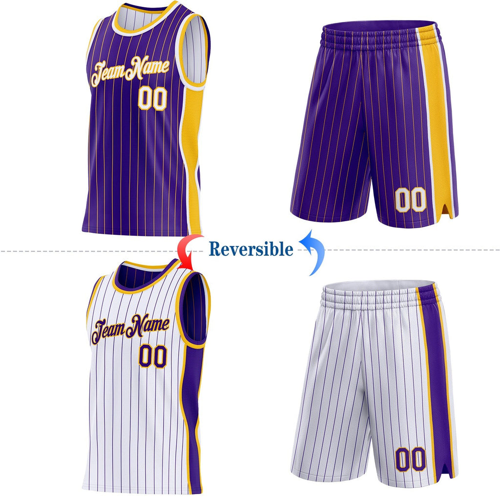 Custom Purple Gold Pinstripe-White Side Panels Reversible Double Side Sublimation Basketball Set Jersey photo 2