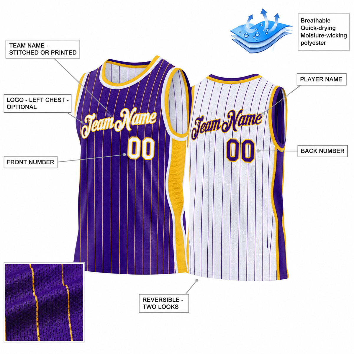 Custom Purple and Gold Side Panels Pinstripe Reversible Basketball Jersey Set with White Lettering Design 1049 customization guide