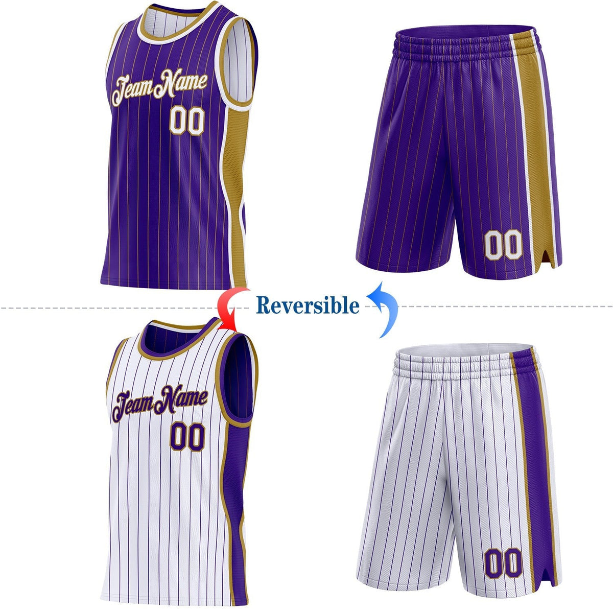 Custom Purple Old Gold Pinstripe-White Side Panels Reversible Double Side Sublimation Basketball Set Jersey photo 2