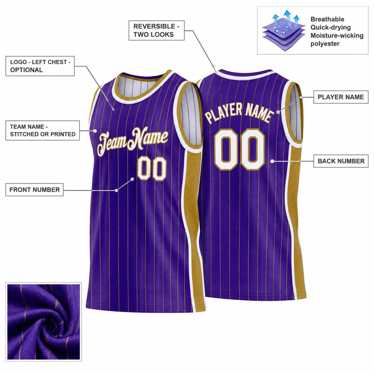 Custom Purple and Old Gold Side Panels Basketball Jersey Set with White Lettering customization guide