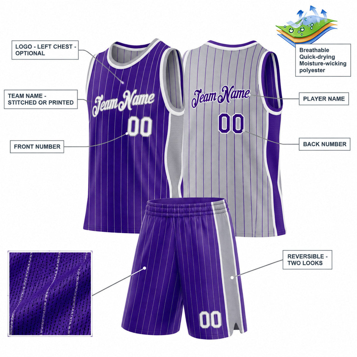 Custom Purple and Gray Side Panels Pinstripe Reversible Basketball Jersey Set with White Lettering Design 1051 customization guide