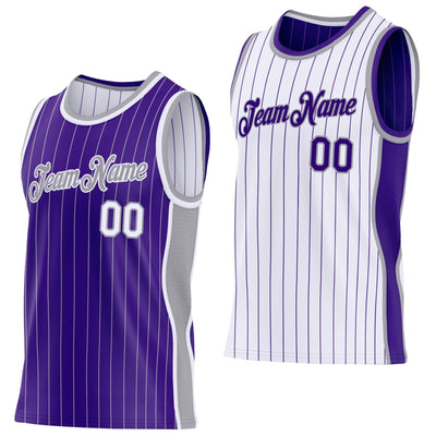 Custom Purple and Gray Side Panels Pinstripe Reversible Basketball Jersey Set with White Lettering Design 1052