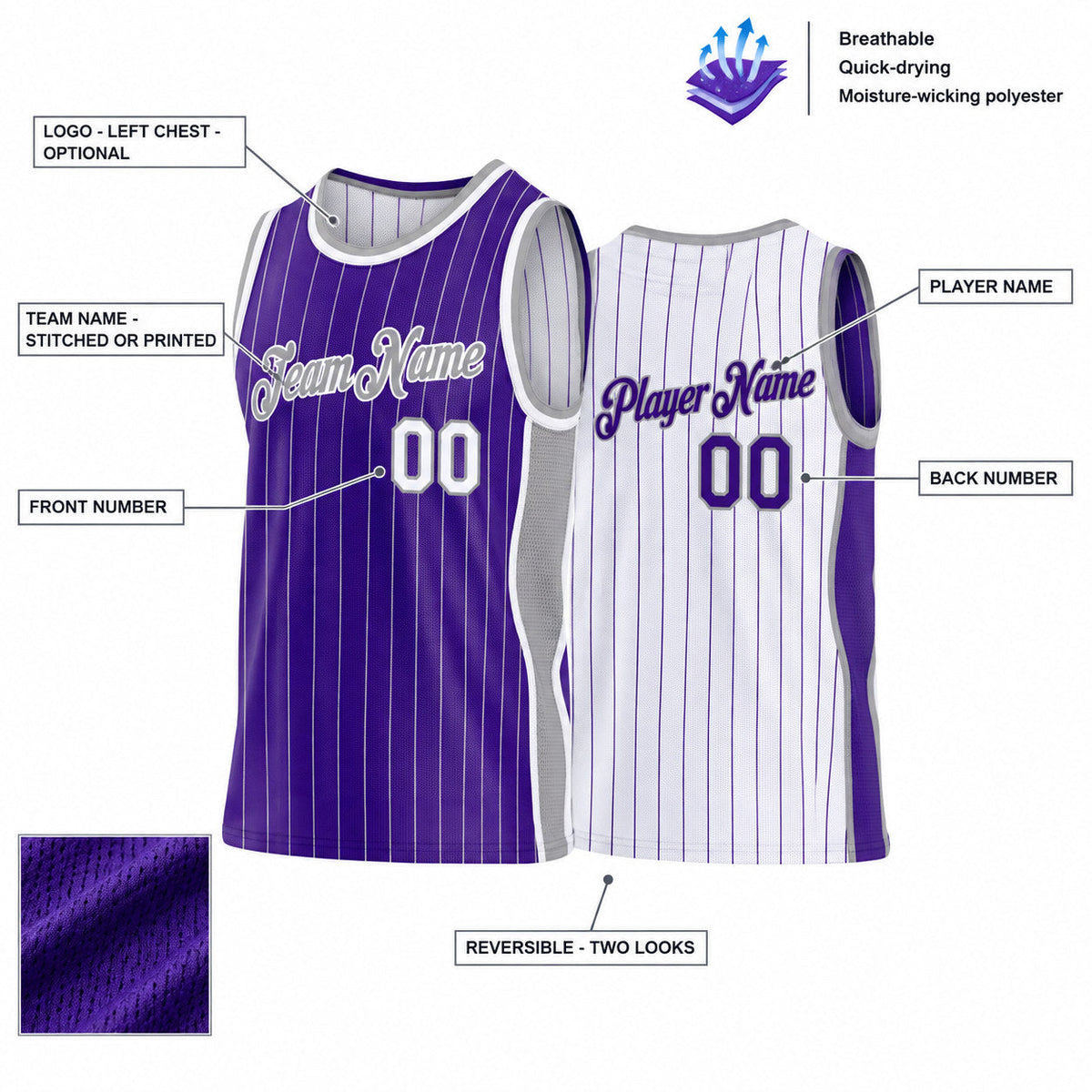Custom Purple and Gray Side Panels Pinstripe Reversible Basketball Jersey Set with White Lettering Design 1052 customization guide