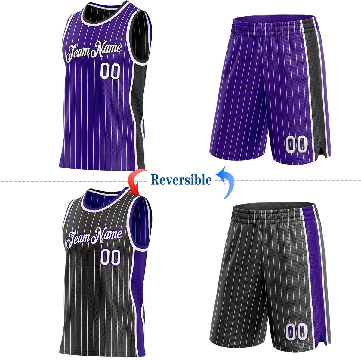 Custom Purple White Pinstripe-Black Side Panels Reversible Double Side Sublimation Basketball Set Jersey photo 2