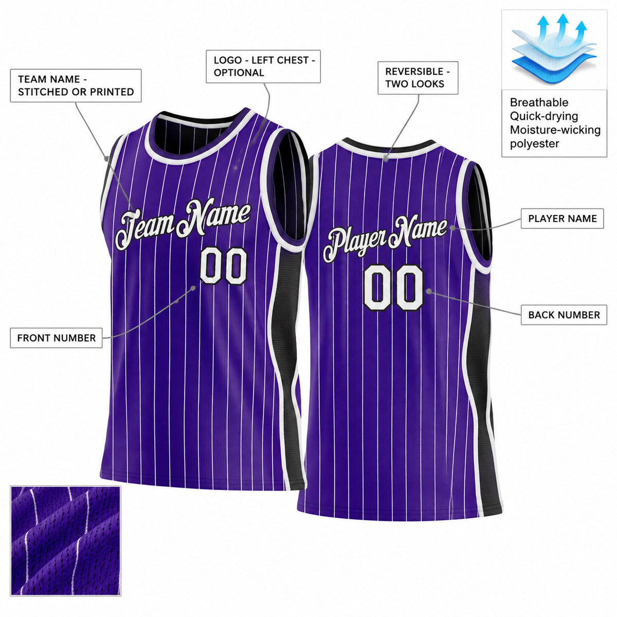 Custom Purple and White Side Panels Pinstripe Reversible Basketball Jersey Set with Black Lettering customization guide