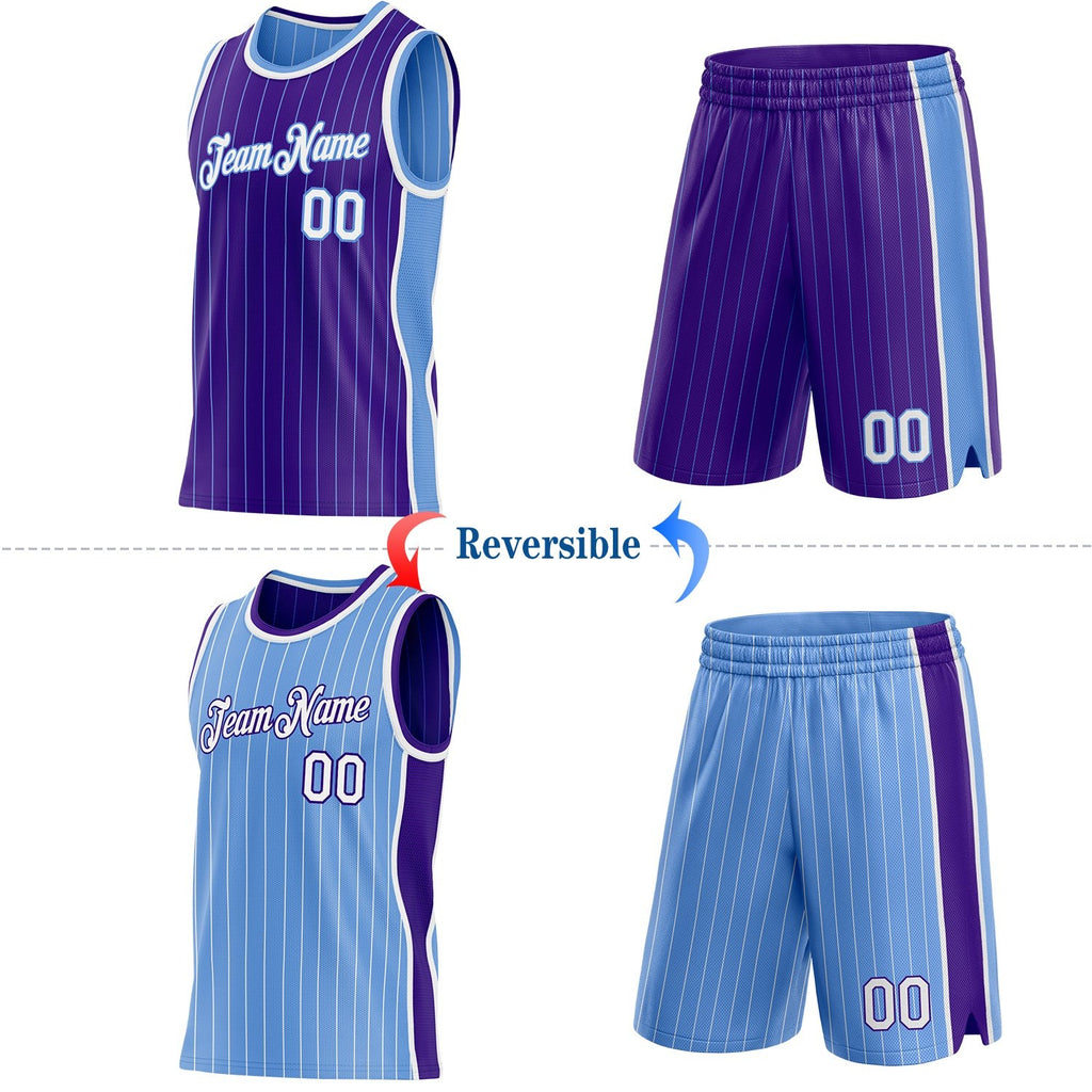 Custom Purple Light Blue Pinstripe-White Side Panels Reversible Double Side Sublimation Basketball Set Jersey photo 2