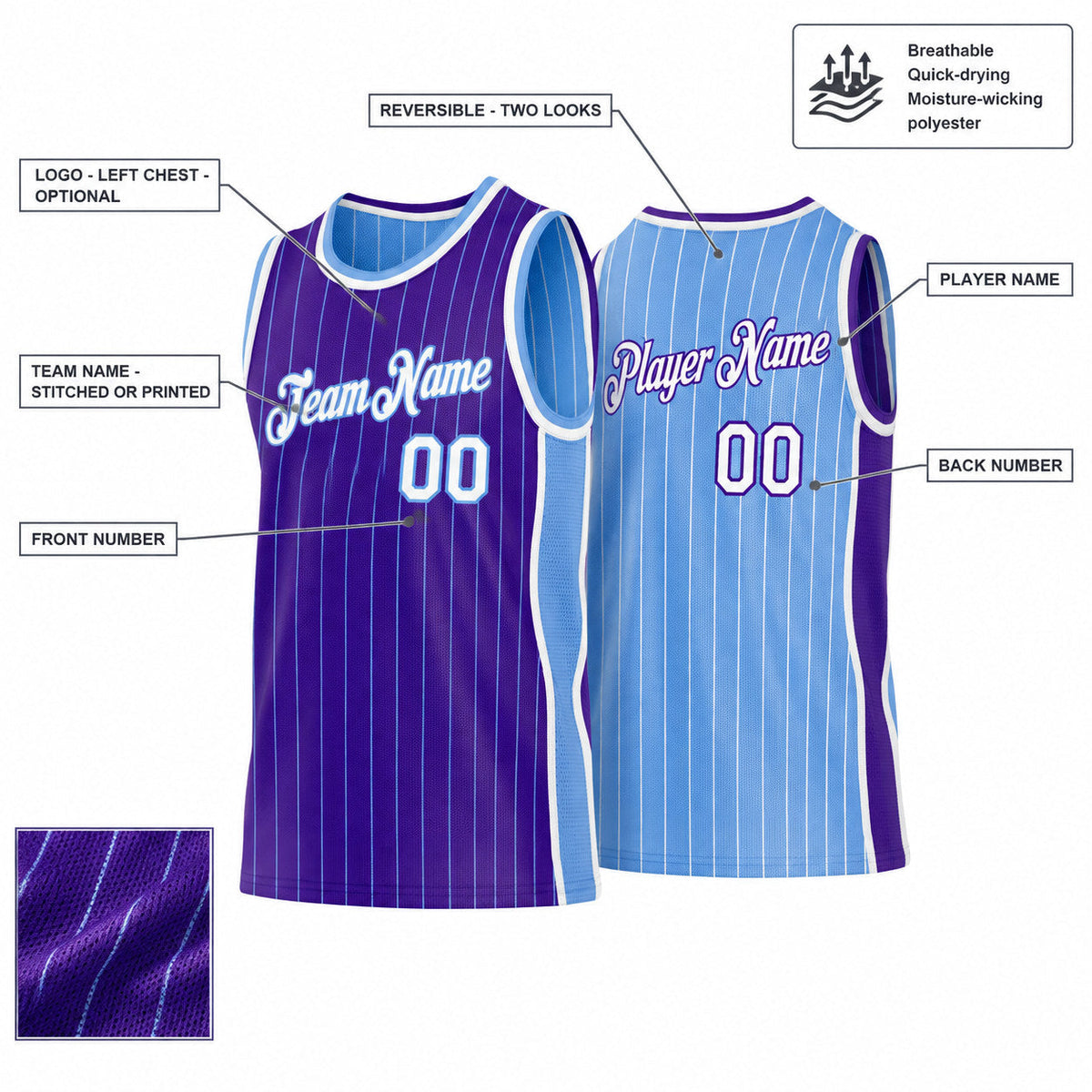 Custom Purple and Light Blue Side Panels Basketball Jersey Set with White Lettering customization guide