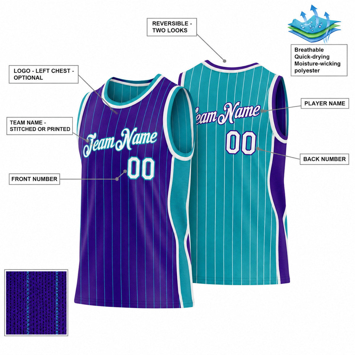 Custom Purple and Teal Side Panels Pinstripe Reversible Basketball Jersey Set with White Lettering customization guide