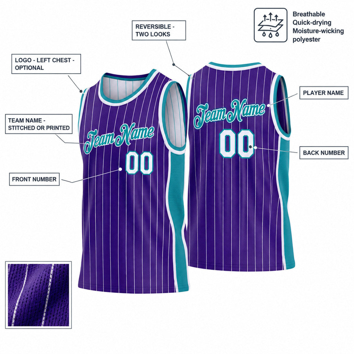 Custom Purple and White Side Panels Pinstripe Reversible Basketball Jersey Set with Teal Lettering customization guide