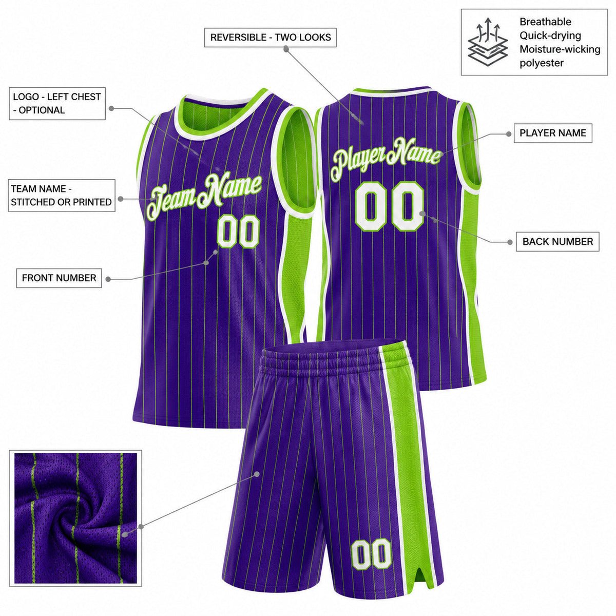 Custom Purple and Neon Green Side Panels Basketball Jersey Set with White Lettering customization guide