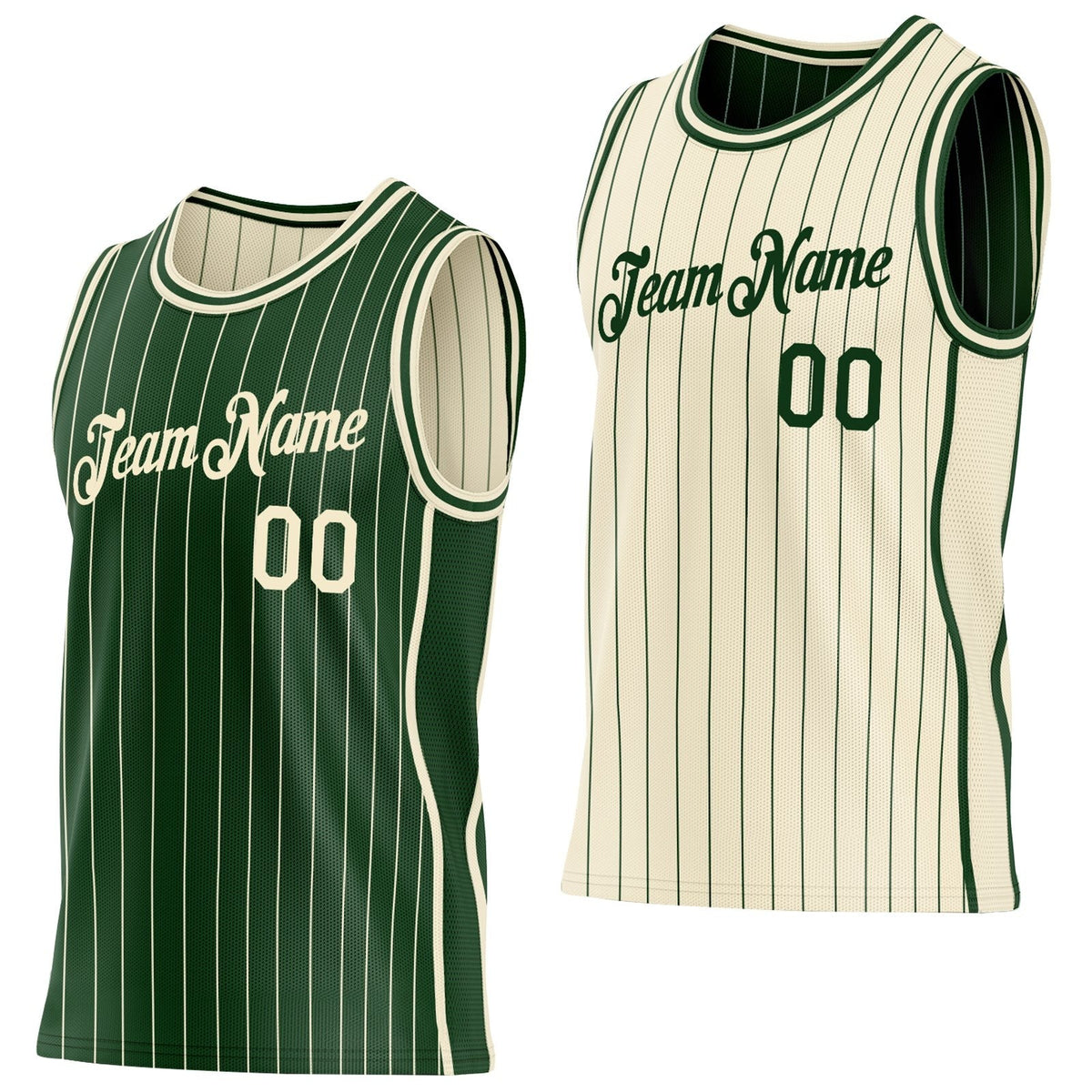 Custom Green Cream Pinstripe Side Panels Reversible Double Side Sublimation Basketball Set Jersey