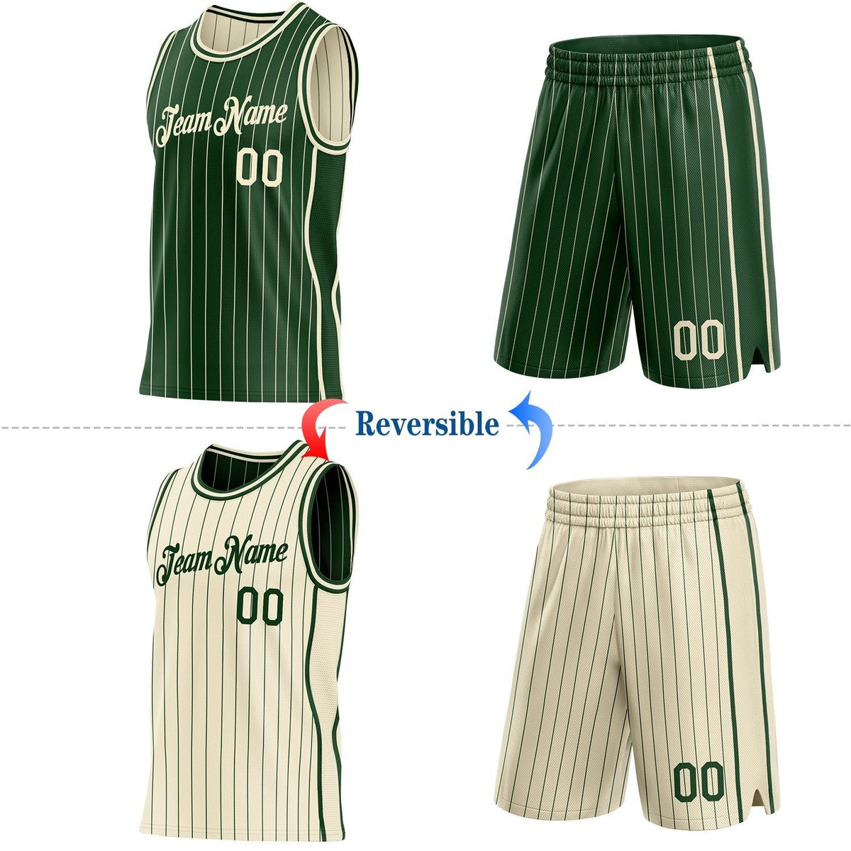 Custom Green Cream Pinstripe Side Panels Reversible Double Side Sublimation Basketball Set Jersey photo 2