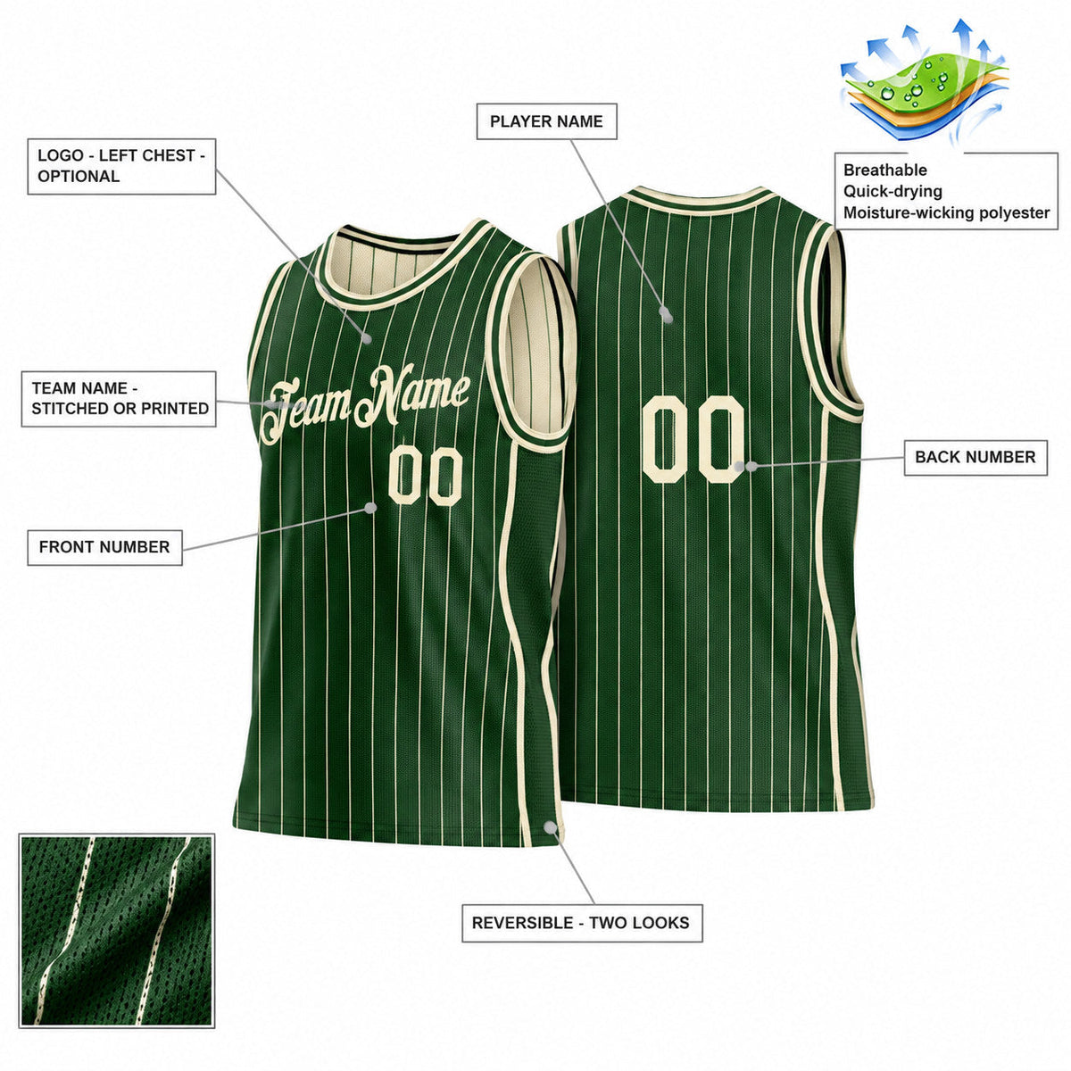 Custom Green Side Panels Pinstripe Reversible Basketball Jersey Set with Cream Lettering Design 1058 customization guide
