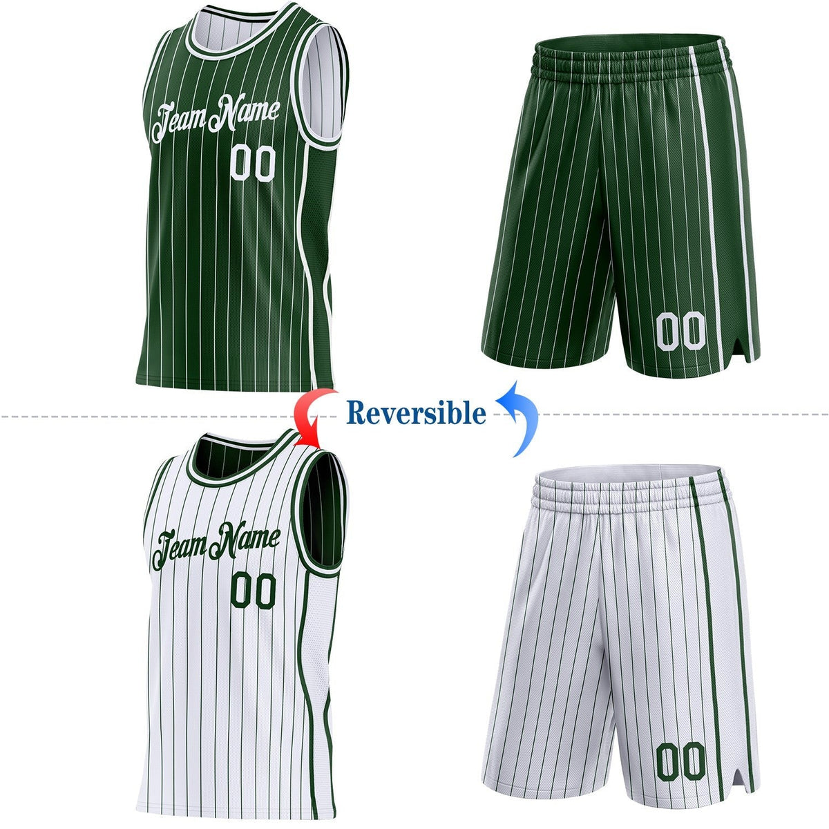 Custom Green White Pinstripe Side Panels Reversible Double Side Sublimation Basketball Set Jersey photo 2
