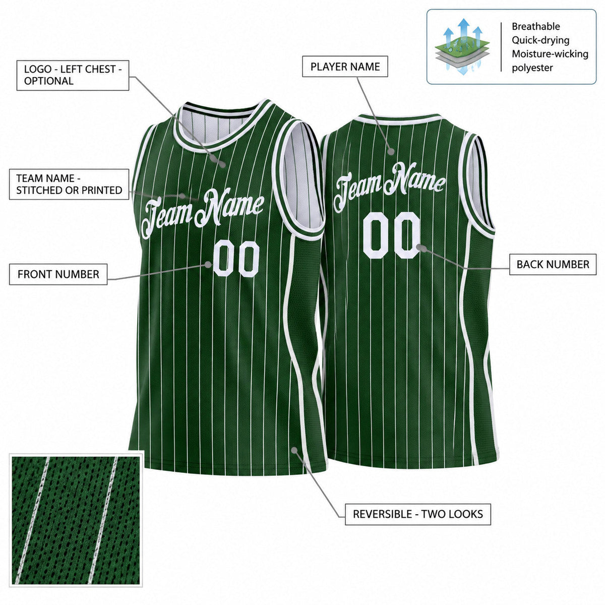 Custom Green Side Panels Pinstripe Reversible Basketball Jersey Set with White Lettering customization guide